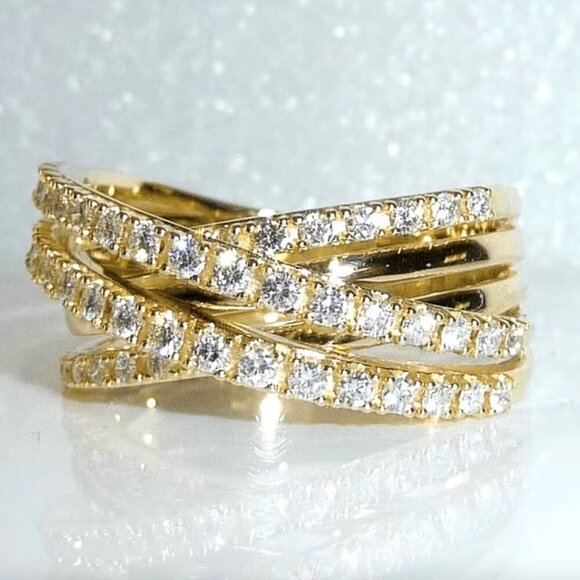 14k Yellow Gold Pave Diamond Ring Band Layer Criss Cross Ring - Picture 2 of 6